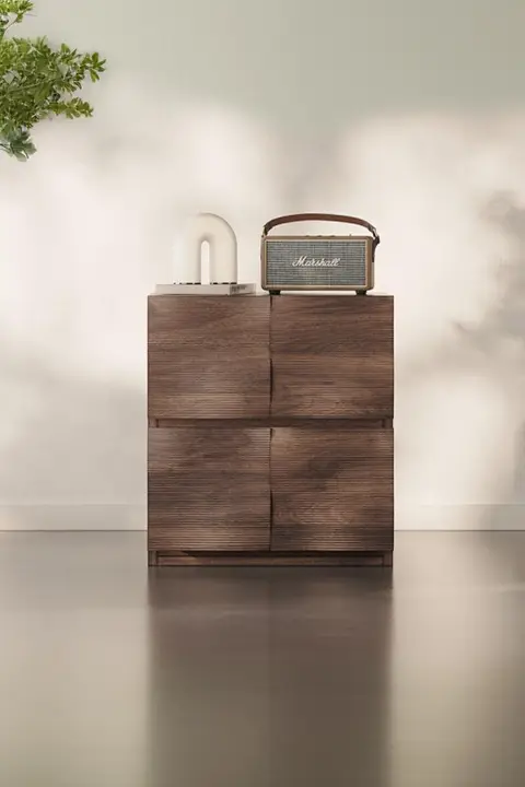 レトロデザインの胡桃木製ナイトテーブル【極簡スタイル・波状デザイン】