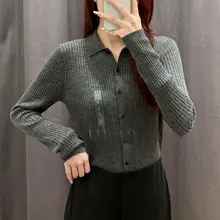 ポロ襟リブ編みニットカーディガン【長袖・無地・女性用】