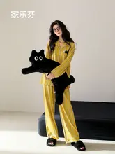 春秋用 レディースパジャマ【コットン100%・長袖・小黒猫プリント・ストライプ・カーディガン風】（セットアップ対応）