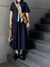 レトロデザインのポロ衿シャツワンピース【夏用・半袖・ネイビー】（セットアップ対応）