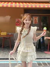 黄色の水玉柄トップスとケーキスカート【夏用・二キャップ】（セットアップ対応）