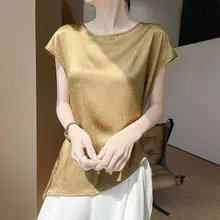 ラウンドネック ウエストシェイプ サテン シルク 半袖 Tシャツ【スリムフィット・サマー用】