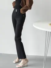 極上の柔らかさのブラックハイウエストデニムパンツ【スリムフィット・レディース・九分丈】（セットアップ対応）