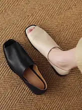 極上の柔らかさ！真皮製女性用オープントゥローファーサンダル【黒・平底・春夏用】