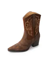 レディース ブラウン レトロイギリス風 ハイヒールショートブーツ【牛革・尖頭・秋冬用】