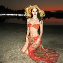 魅力的なオレンジ染ビキニ＆ロングスカート【リゾートスタイル・温泉水着・雰囲気抜群】（セットアップ対応）
