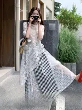 フランス風レース切替チェック柄フレアスカート【夏用・不規則デザイン・フィット】（セットアップ対応）