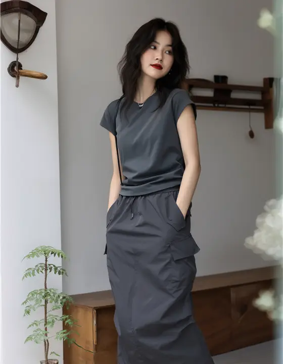 工装風ウエスト切替ロングスカート【夏用・薄手・半身スカート】