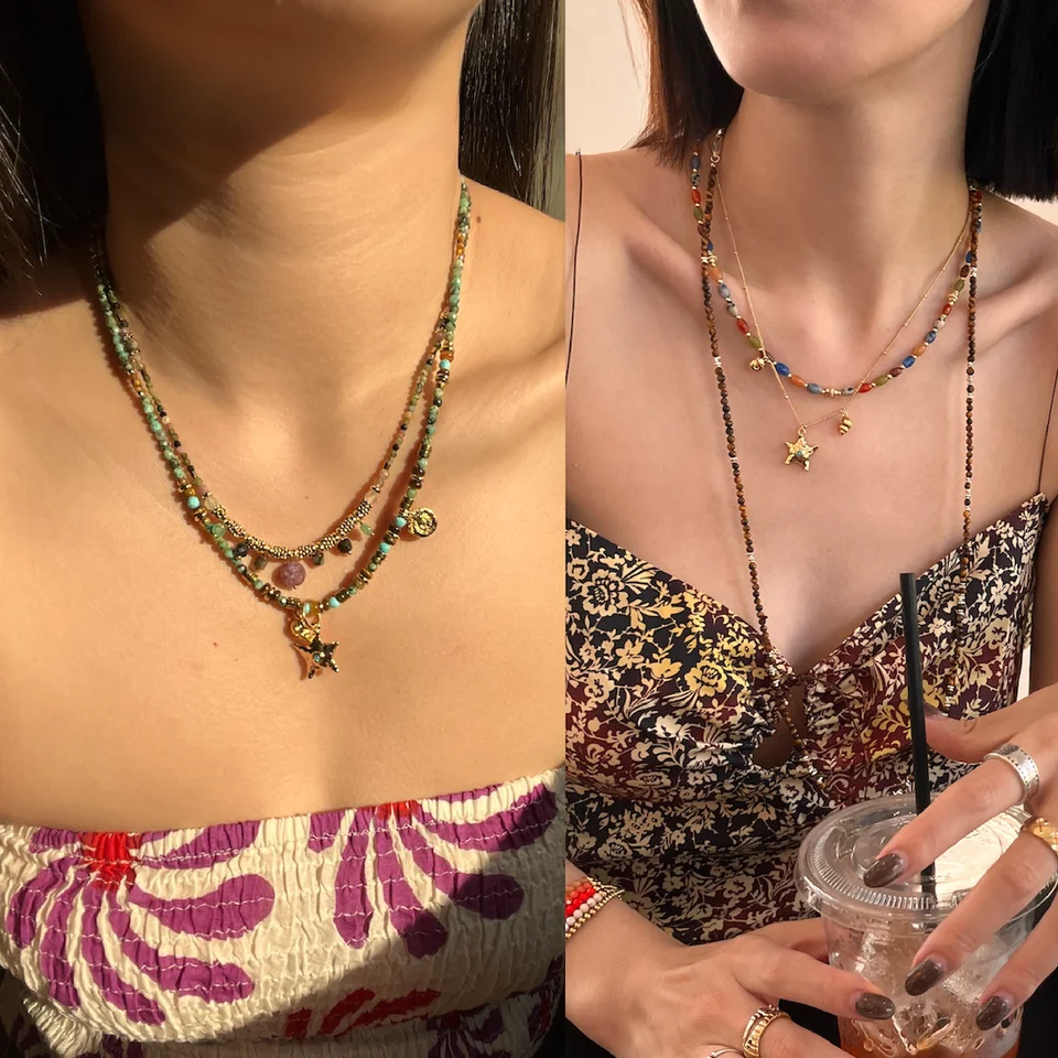 海洋テーマのカラフルなネックレス【ターコイズ・海星・アゲート】（セットアップ対応）