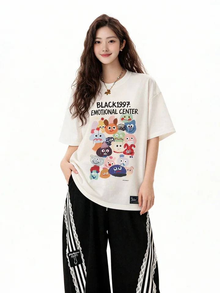 夏用大きいサイズの肩出しデザインTシャツ【趣味的なプリント・ゆったりシルエット・細見え効果】（セットアップ対応）