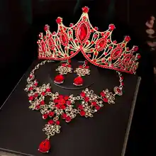 全金の赤い花嫁用クラウンヘッドアクセサリー【ネックレス・イヤリング・三点仕様】（セットアップ対応）