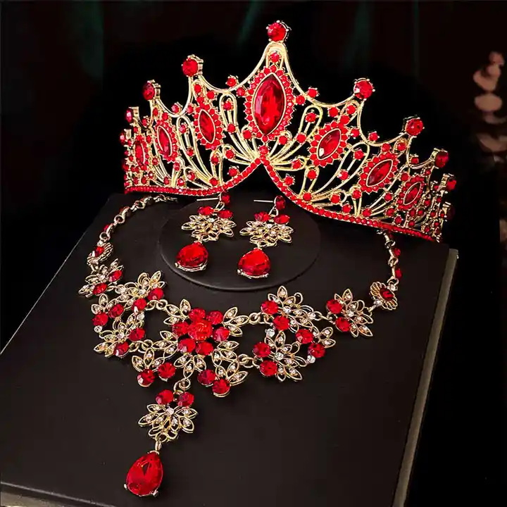 全金の赤い花嫁用クラウンヘッドアクセサリー【ネックレス・イヤリング・三点仕様】（セットアップ対応）