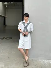 セットアップ メンズ 長袖シャツ ハーフパンツ ケープデザイン ストライプ バイカラー オフィスカジュアル きれいめ 上品 「cuibuju」