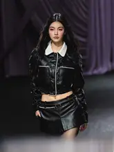 ツートンカラーのキルティングレザーコート【襟付き・Aラインスカート・セットアップ対応】