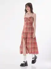 ziziFei 赤いチェック柄のストレートスリーブマキシドレス【セクシーなスリット・ウエストシェイプ・春夏用】
