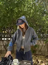 秋季カジュアルスタイル！星柄フーディーコート【毛圈素材・女性用・レトロデザイン】