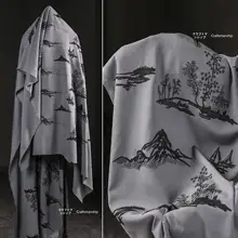刺繍入り西装生地【グレー地に黒線・山水デザイン・国風スタイル】