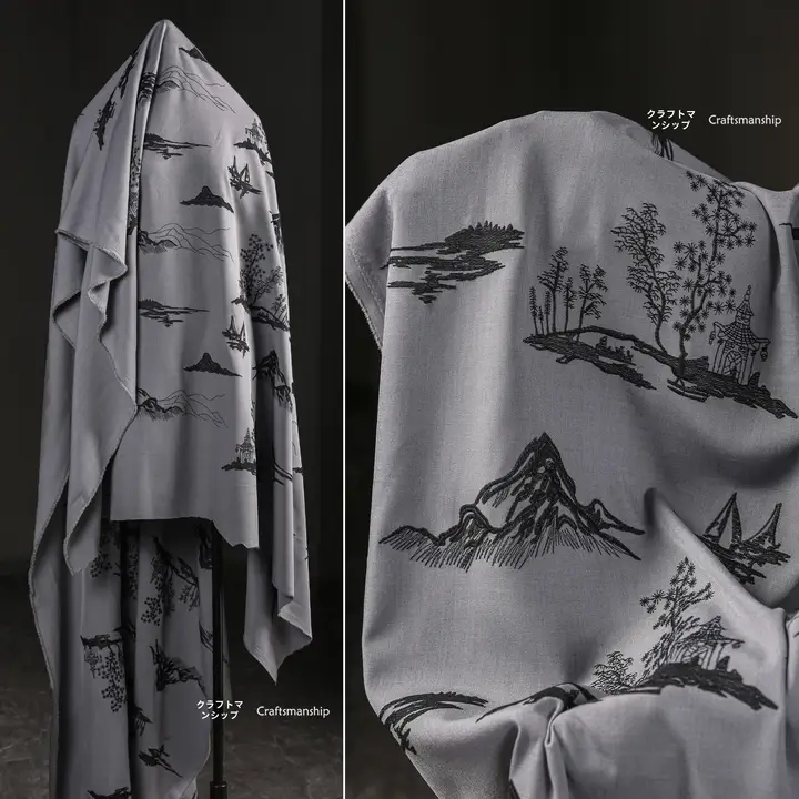 刺繍入り西装生地【グレー地に黒線・山水デザイン・国風スタイル】