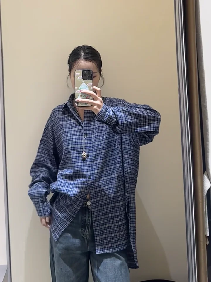 レトロチェック柄長袖カジュアルシャツ【襟付き・秋冬用】