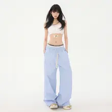 ブルーストライプのダブルウエストワイドパンツ【夏用・コットン混・ フィット・スリム効果】（セットアップ対応）