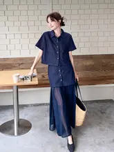 深い藍色のヴィンテージ風デニムシャツとフレアスカート【軽やかさ・夏用・透け感のあるデザイン】（セットアップ対応）