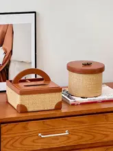 高級感のあるデスク収納バスケット【手作りレザー・ヴィンテージ風・ラタン編み】