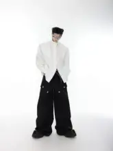 シャツ レディース 解構 切り替え スタンドカラー パッド入り ブラック オーバーサイズ メタル装飾「ArguE」