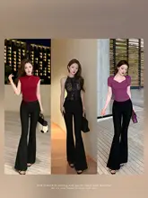 ハイウエスト ブラック ワイドレッグ フレアパンツ【夏用・カジュアル・細身デザイン・ドレープ感】（セットアップ対応）