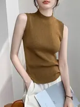 半高ネックニットノースリーブタンクトップ【シンプルデザイン・スタイリッシュ・ジャケットインナー】