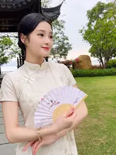 ミニ竹製折り扇子【中国風・学生向け・夏用・携帯便利・絹布仕立て】