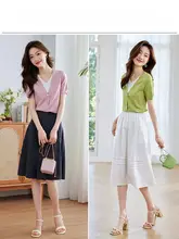 涼感素材のVネックニットトップス【短袖・ゆったりシルエット・カジュアル】（セットアップ対応）