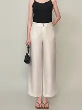 夏用 薄手のハイウエストワイドレッグパンツ【白色・レディース・リネン・九分丈】