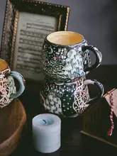 ハンドメイドのレトロ手描き陶器コーヒーカップ【ユニークデザイン・マグカップ・朝食用】