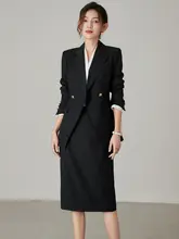 春夏用 ビジネススタイルの黒いワンピーススーツ【ジャケット・膝丈スカート】【通勤・面接に最適】（セットアップ対応）