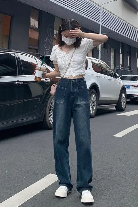 ヴィンテージスタイルのハイウエストワイドレッグデニムパンツ【梨型体型対応・小柄向け】