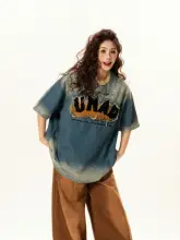 アメリカンビンテージ風のデニム半袖Tシャツ【フィット・ユニークデザイン】