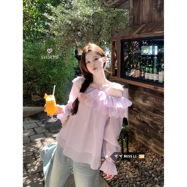 優雅なレースフリルオフショルダー長袖シャツ【ルーズフィット・女性用・フランス風】