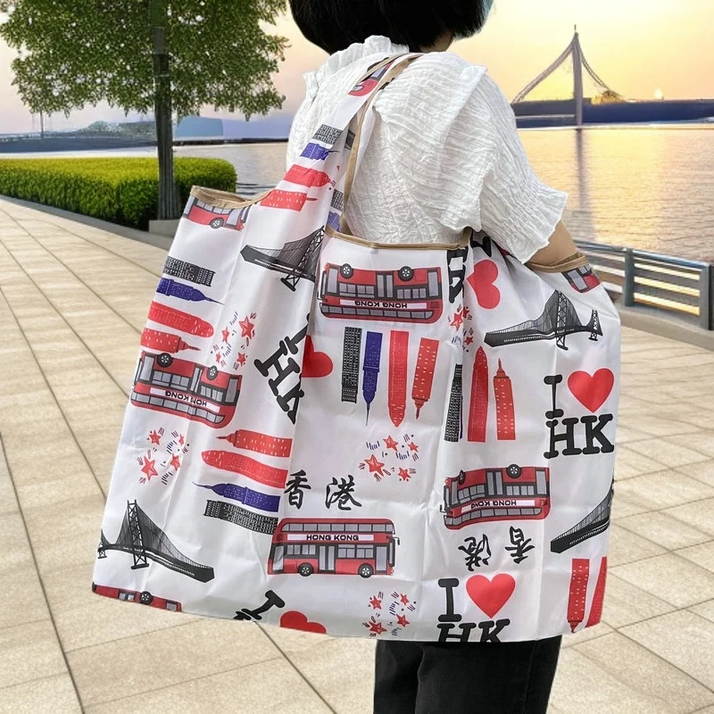 香港デザインの折りたたみショッピングバッグ【大容量・エコバッグ・旅行用】