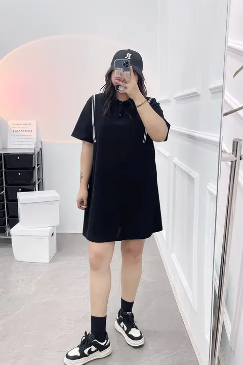 レディース 夏用 大きいサイズ ポロネック半袖ドレス【ゆったりデザイン・中長丈・体型カバー】
