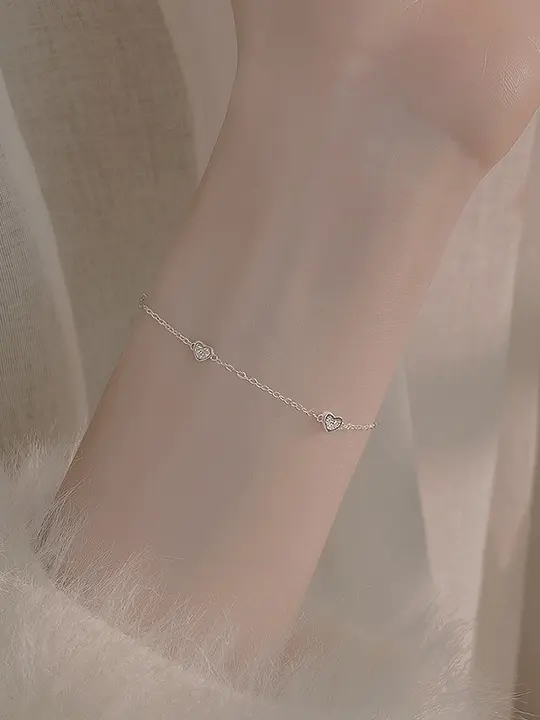 925純銀製 ハートブレスレット【女性用・軽やかデザイン・重ね付け対応】
