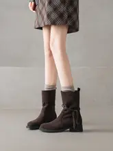 ブラウンの女性用ショートブーツ【フリルデザイン・加絨・細身・ハイヒール】
