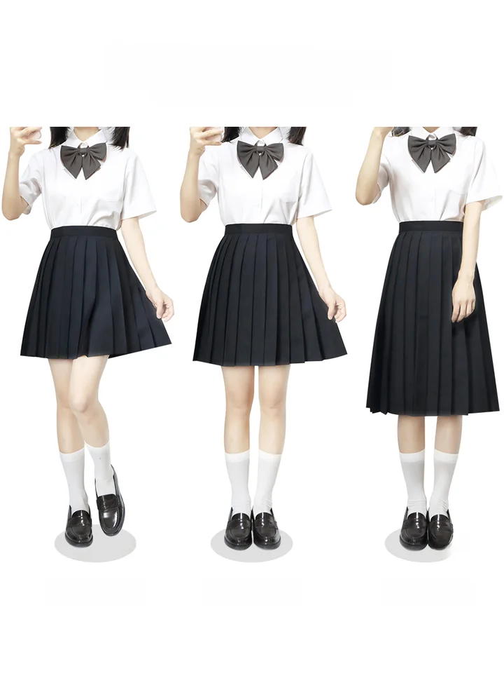 シンプルな無地JK制服 百褶スカート【夏用・ロング丈・紺色・黒・灰色】