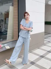 セットアップ 2点セット レディース フレンチ風 オープンワーク トップス ワイドパンツ ライトブルー カジュアル フェミニン きれいめ 上品 夏