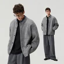チェック柄のジョイントデザイン メンズウールジャケットダウンコート【立ち襟・冬用・極上の柔らかさ】（セットアップ対応）