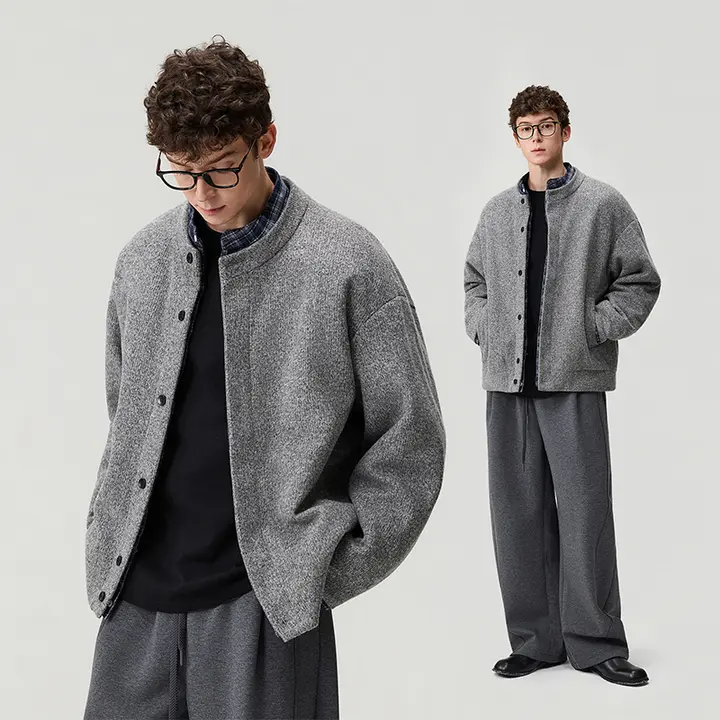 チェック柄のジョイントデザイン メンズウールジャケットダウンコート【立ち襟・冬用・極上の柔らかさ】（セットアップ対応）