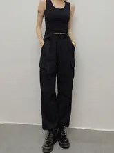 ブラック ヴィンテージ風 ワークパンツ【レディース・ハイウエスト・直筒・ルーズフィット・薄手】