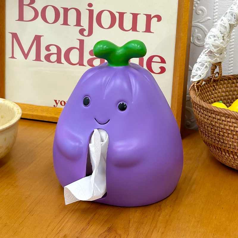 かわいいキャラクターのナス型ティッシュボックス：縦置きでデスクトップを彩るおしゃれなティッシュケース