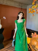 ワンピース 夏 女 優雅な雰囲気 白く見せる グリーン フレンチヴィンテージ 四角いネック ウエストを絞った ロングスカート