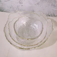 日式ハンマー模様の金縁クリアマットガラス大サラダボウル【フルーツ・デザート用】