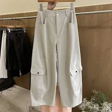 韓国デザインの復古スタイルポケット付きワークパンツ【広めの足幅・女性用・秋用】（セットアップ対応）